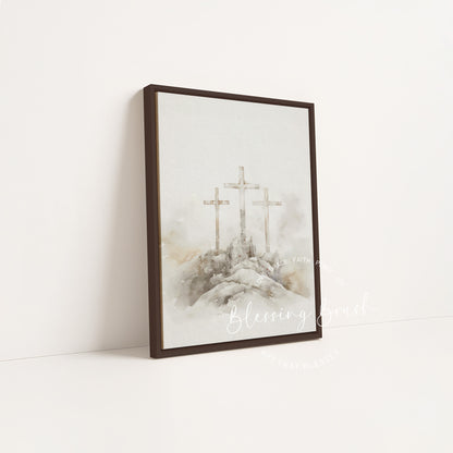 It Is Finished artwork depicting the three crosses in a dark wood framed canvas by Blessing Brush