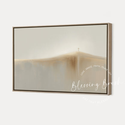 Minimalist framed canvas wall art of Jesus cross on a glowing hill inspired by “It is finished,” in soft beige tones — by Blessing Brush