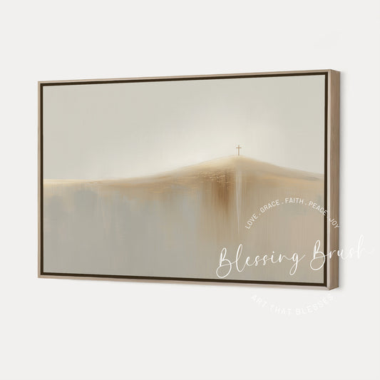 Minimalist framed canvas wall art of Jesus cross on a glowing hill inspired by “It is finished,” in soft beige tones — by Blessing Brush