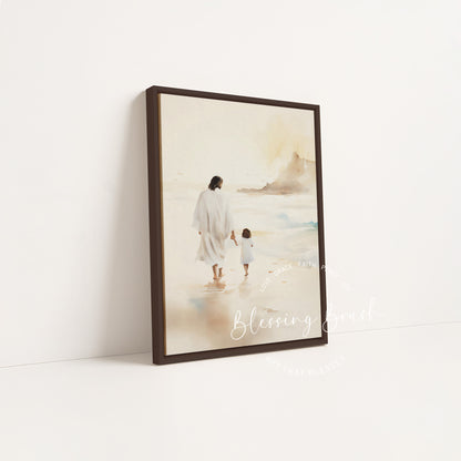Jesus Walking with Child - Christian Framed Canvas Wall Art, Gentle Faith-Inspired Print, Spiritual Shoreline Scene for Home or Nursery