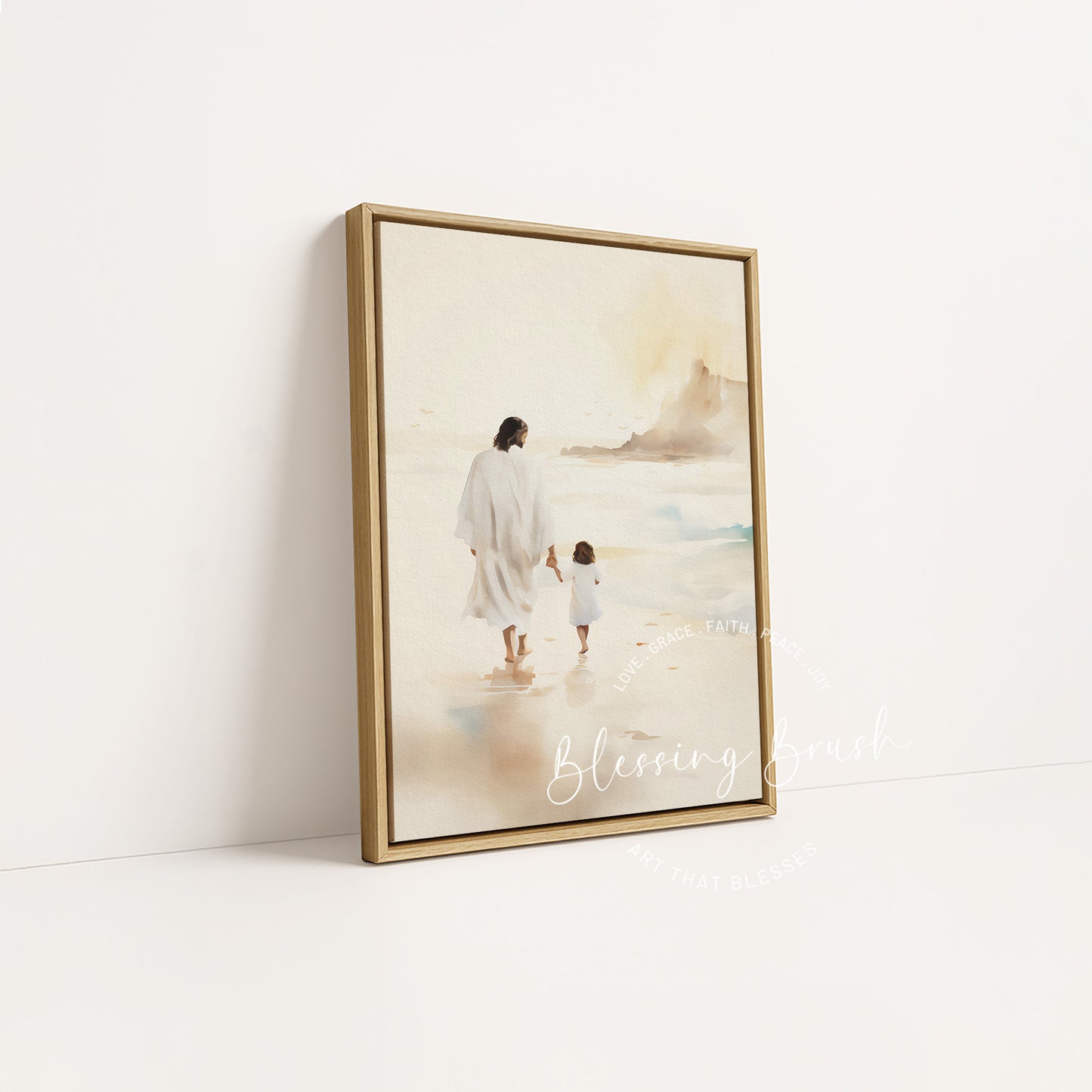 Jesus Walking with Child - Christian Framed Canvas Wall Art, Gentle Faith-Inspired Print, Spiritual Shoreline Scene for Home or Nursery