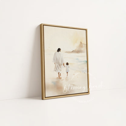 Jesus Walking with Child - Christian Framed Canvas Wall Art, Gentle Faith-Inspired Print, Spiritual Shoreline Scene for Home or Nursery