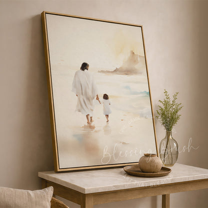 Jesus Walking with Child - Christian Framed Canvas Wall Art, Gentle Faith-Inspired Print, Spiritual Shoreline Scene for Home or Nursery