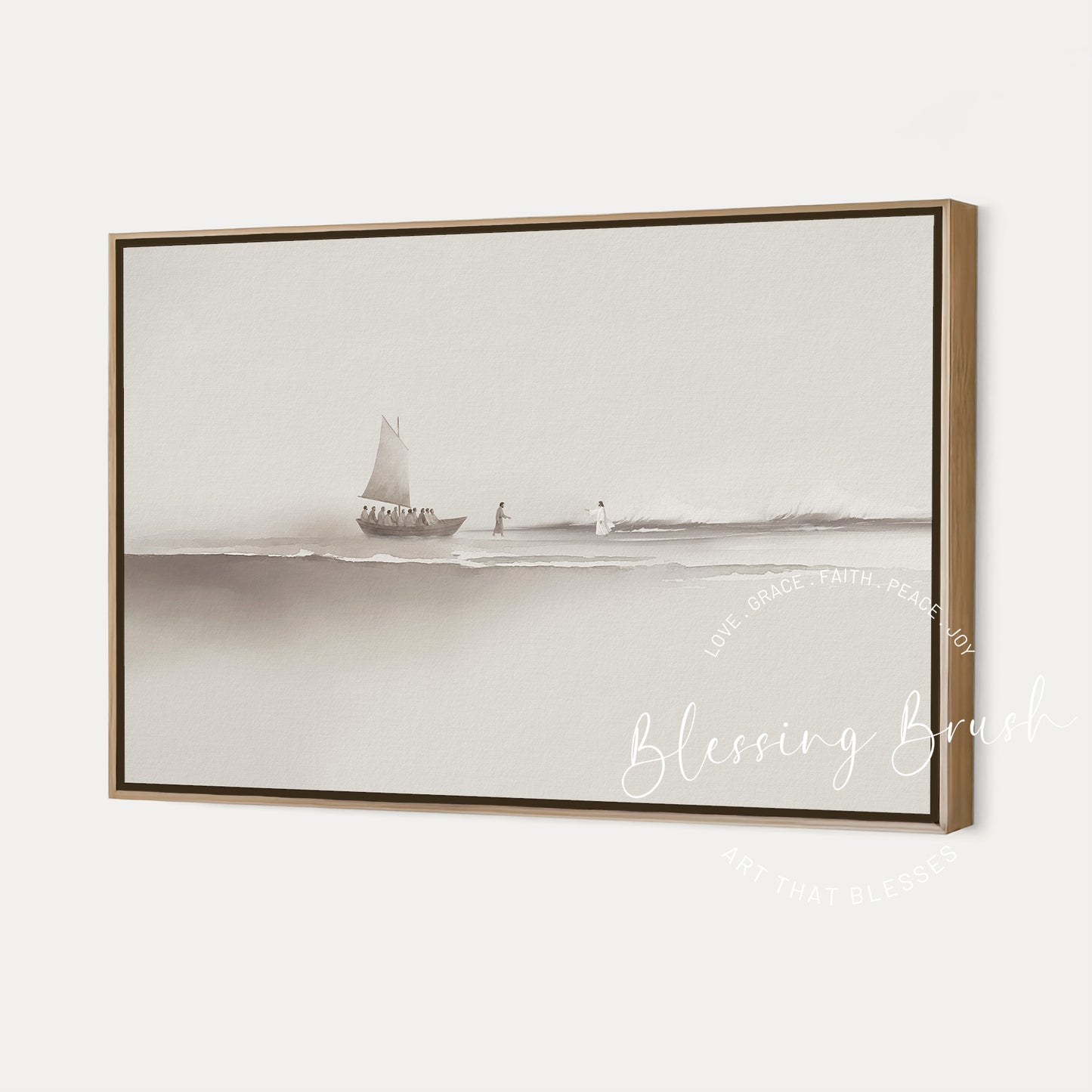 Jesus and Peter walking on water minimalist beige Christian framed canvas wall art by Blessing Brush.