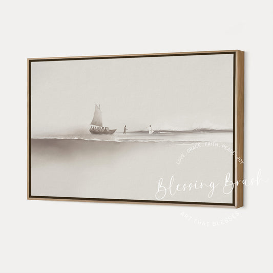 Jesus and Peter walking on water minimalist beige Christian framed canvas wall art by Blessing Brush.