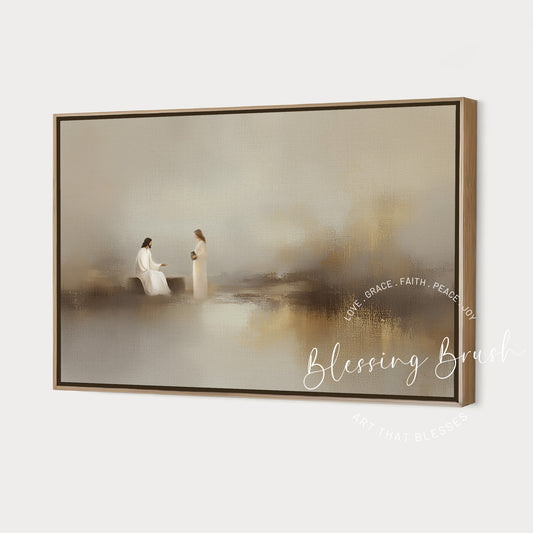 Abstract minimalist painting of Jesus and the Samaritan woman at the well, soft earth tones, modern Christian wall art - by Blessing Brush.