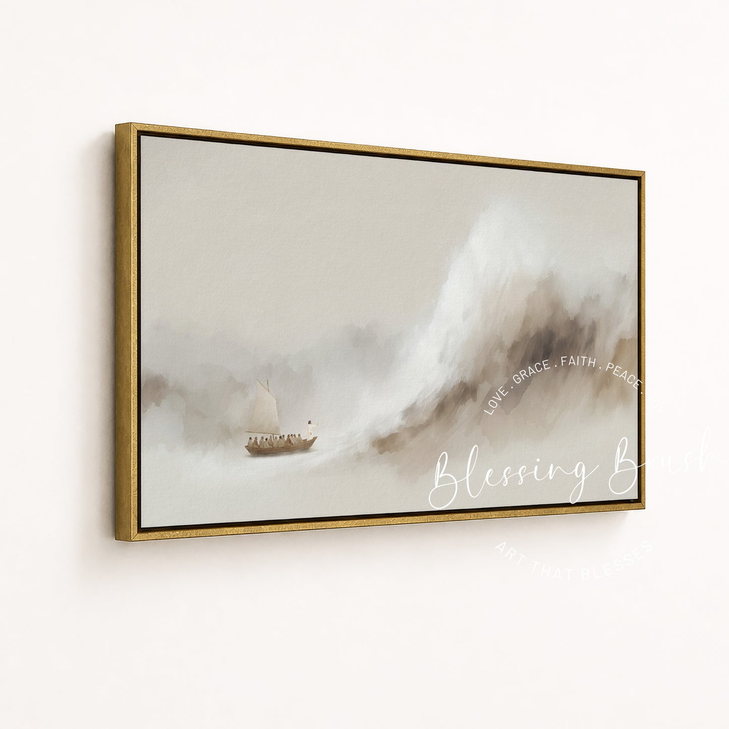 Jesus Calms the Storm Framed Canvas, Peace Be Still Minimalist Beige Christian Wall Art | Blessing Brush