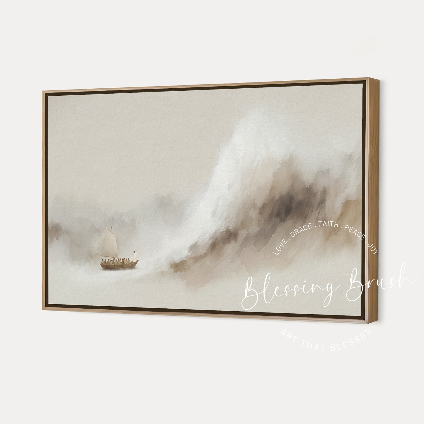 Jesus calming the storm - Peace be still minimalist beige Christian framed canvas wall art by Blessing Brush.
