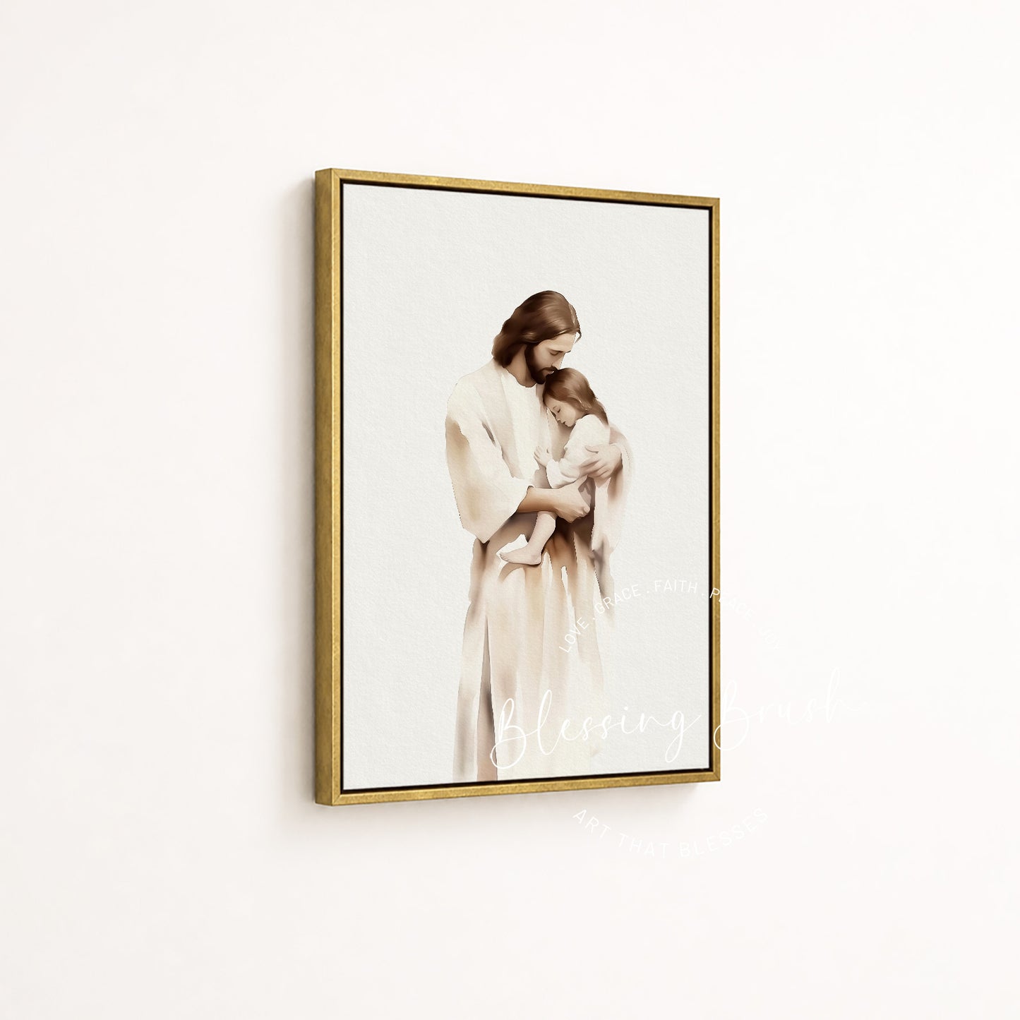 Jesus cradling a child in a meaningful Christian baptism or dedication gift by Blessing Brush