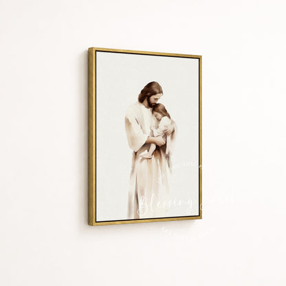 Jesus cradling a child in a meaningful Christian baptism or dedication gift by Blessing Brush
