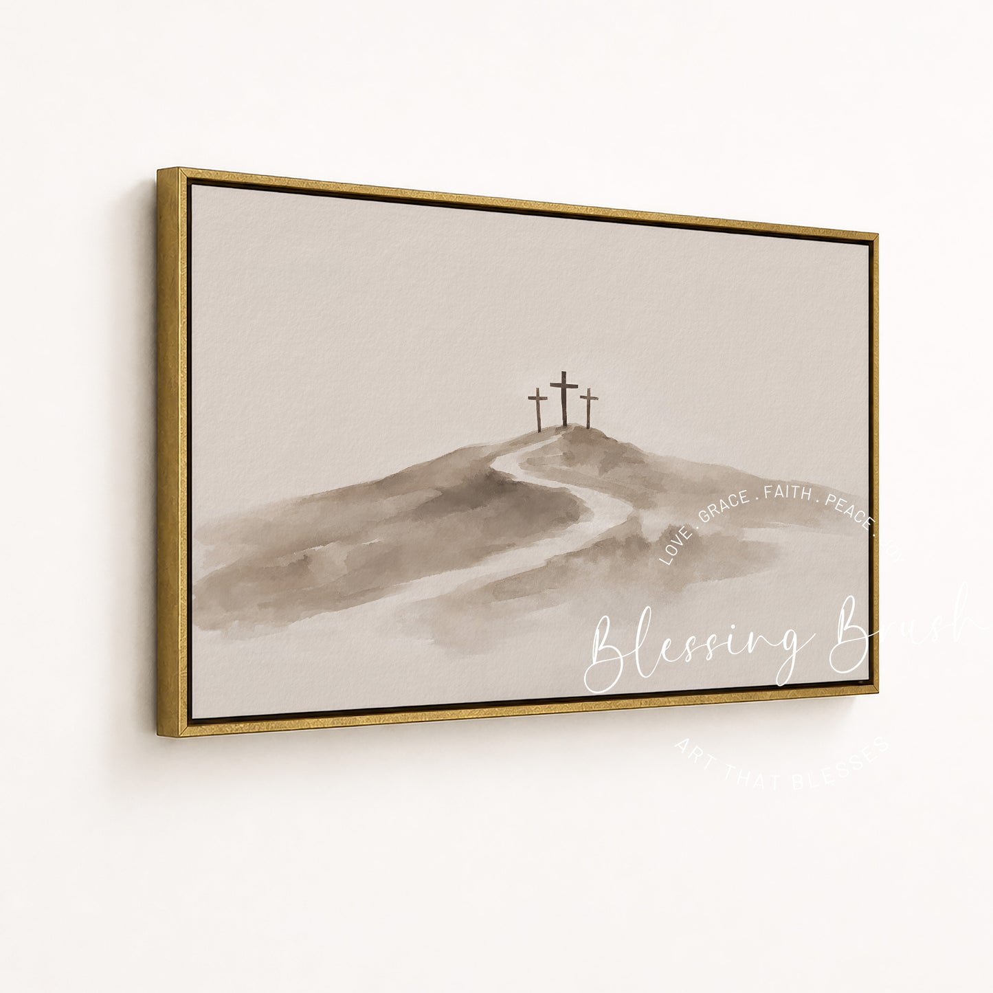 Three Crosses at Calvary Jesus Art – Beige Minimalist Christian Wall Decor | Blessing Brush