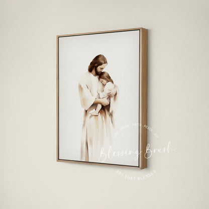 Minimalist Christian wall art of Jesus tenderly holding a young child in His arms. Soft, neutral colors and gentle expression symbolize love, protection, and comfort. Framed canvas by Blessing Brush.