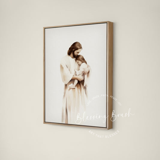 Minimalist Christian wall art of Jesus tenderly holding a young child in His arms. Soft, neutral colors and gentle expression symbolize love, protection, and comfort. Framed canvas by Blessing Brush.
