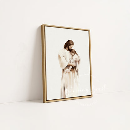 Jesus gently embracing a sleeping child in a natural wood framed canvas by Blessing Brush