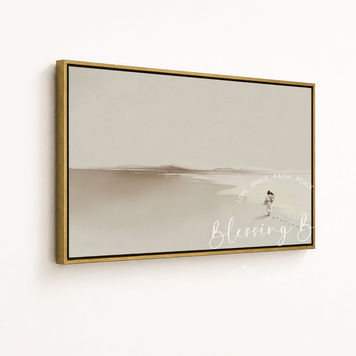 I Never Let You Go – Footprints in the Sand, Jesus Carries Me, Beige Modern Minimalist Christian Wall Art
