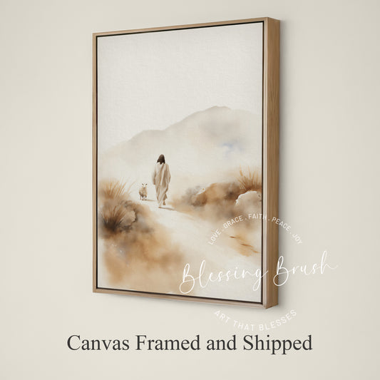 Modern Christian watercolor painting of Jesus found lost sheep, framed canvas wall art, Blessing Brush