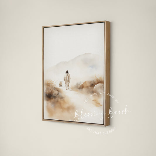 Jesus found the lost sheep in a peaceful beige landscape, Good Shepherd Christian framed canvas wall art by Blessing Brush
