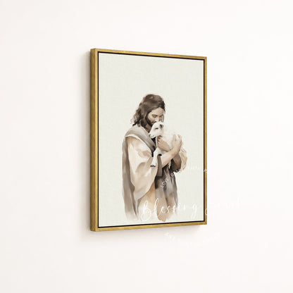 Museum quality Good Shepherd Jesus canvas in a gold frame, a cherished Christian gift or sacred decor piece | Blessing Brush