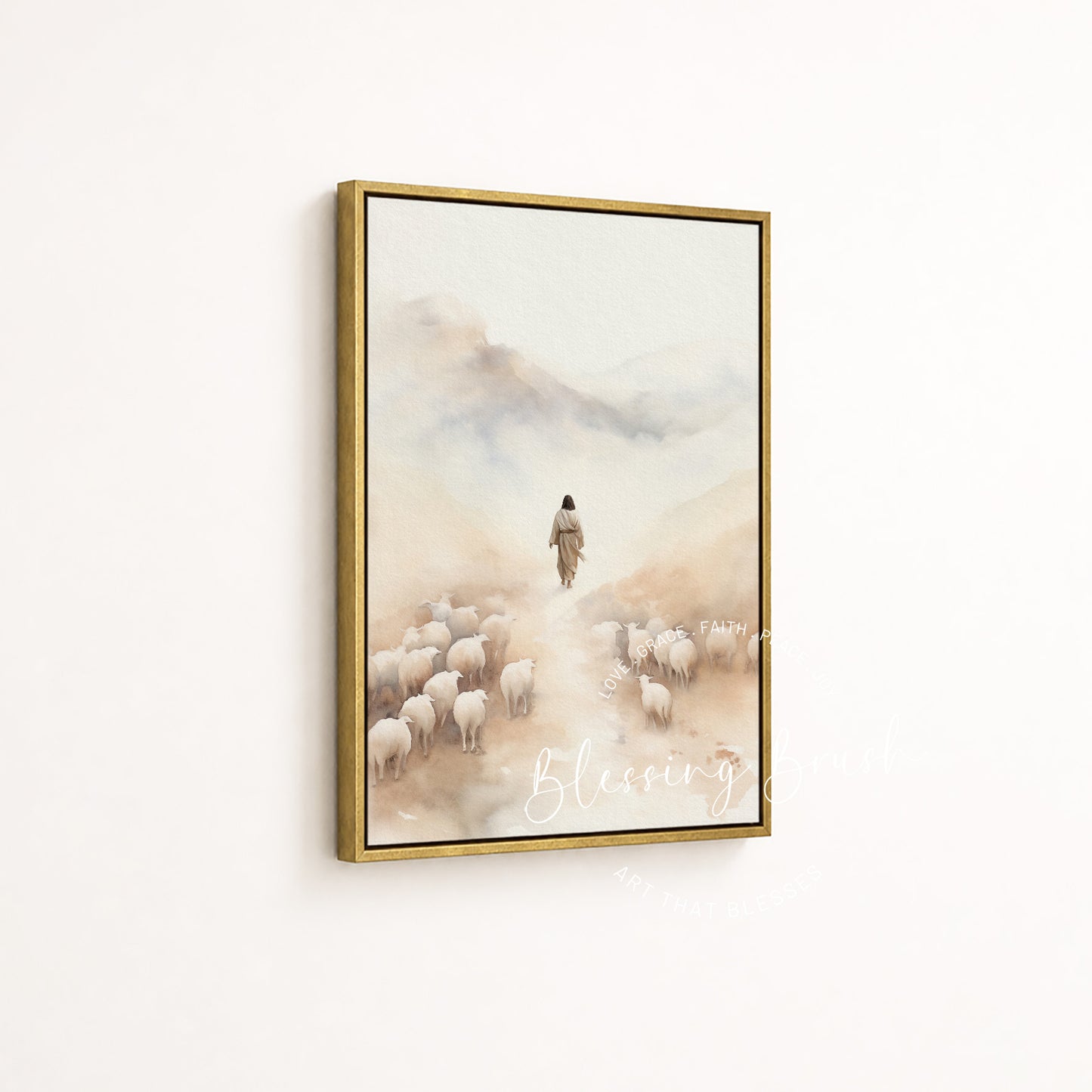 Good Shepherd seeking the lost sheep in a gold framed Christian canvas by Blessing Brush
