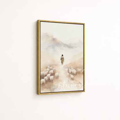 Good Shepherd seeking the lost sheep in a gold framed Christian canvas by Blessing Brush