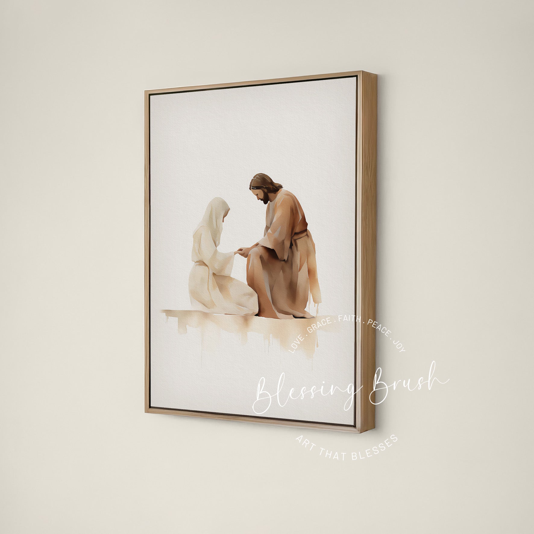 Jesus healing a woman of faith, He heals the brokenhearted fine art framed canvas, sacred Christian wall art | Blessing Brush