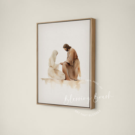 Jesus healing a woman of faith, He heals the brokenhearted fine art framed canvas, sacred Christian wall art | Blessing Brush
