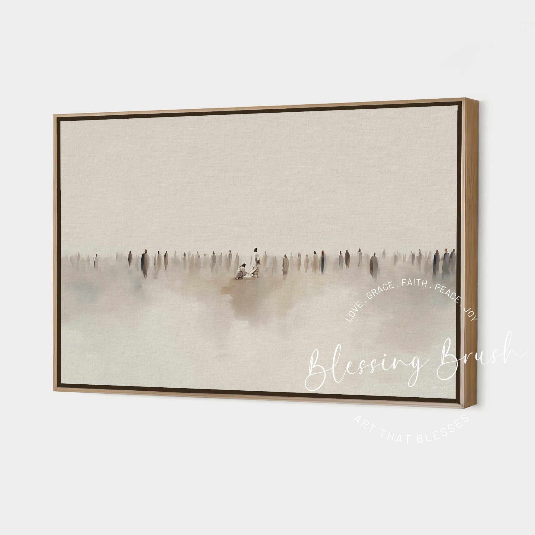 Minimalist painting of Jesus healing the bleeding woman, surrounded by a crowd, in soft neutral tones. Inspired by Mark 5:25-34 bible art by Blessing Brush. 