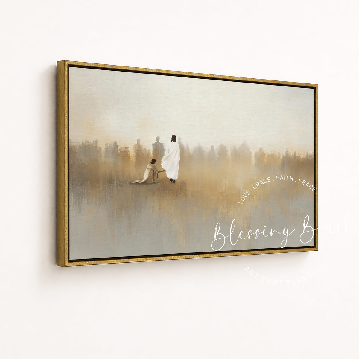 Jesus Heals Bleeding Woman Touched Hem of His Garment, Modern Christian Wall Art, Neutral Faith Decor
