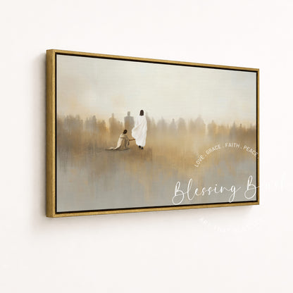 Jesus Heals Bleeding Woman Touched Hem of His Garment, Modern Christian Wall Art, Neutral Faith Decor