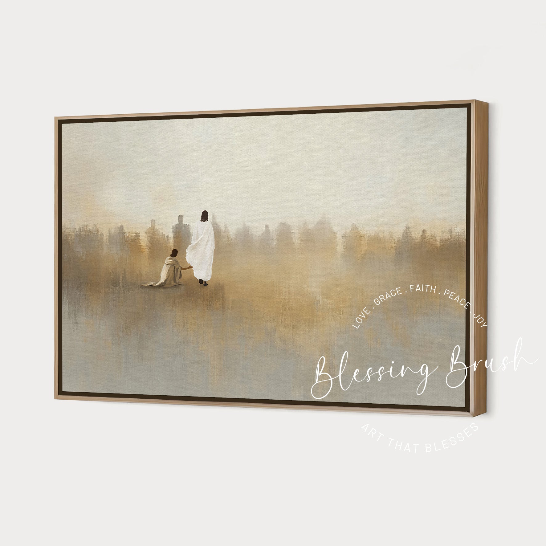 Minimalist Modern Christian wall art of the bleeding woman touching the hem of Jesus’ garment for healing. Abstract gold and beige background, symbolic of faith, hope, and divine compassion. Large framed canvas for Christian home decor.