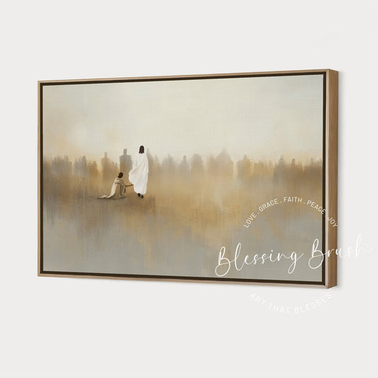 Minimalist Modern Christian wall art of the bleeding woman touching the hem of Jesus’ garment for healing. Abstract gold and beige background, symbolic of faith, hope, and divine compassion. Large framed canvas for Christian home decor.