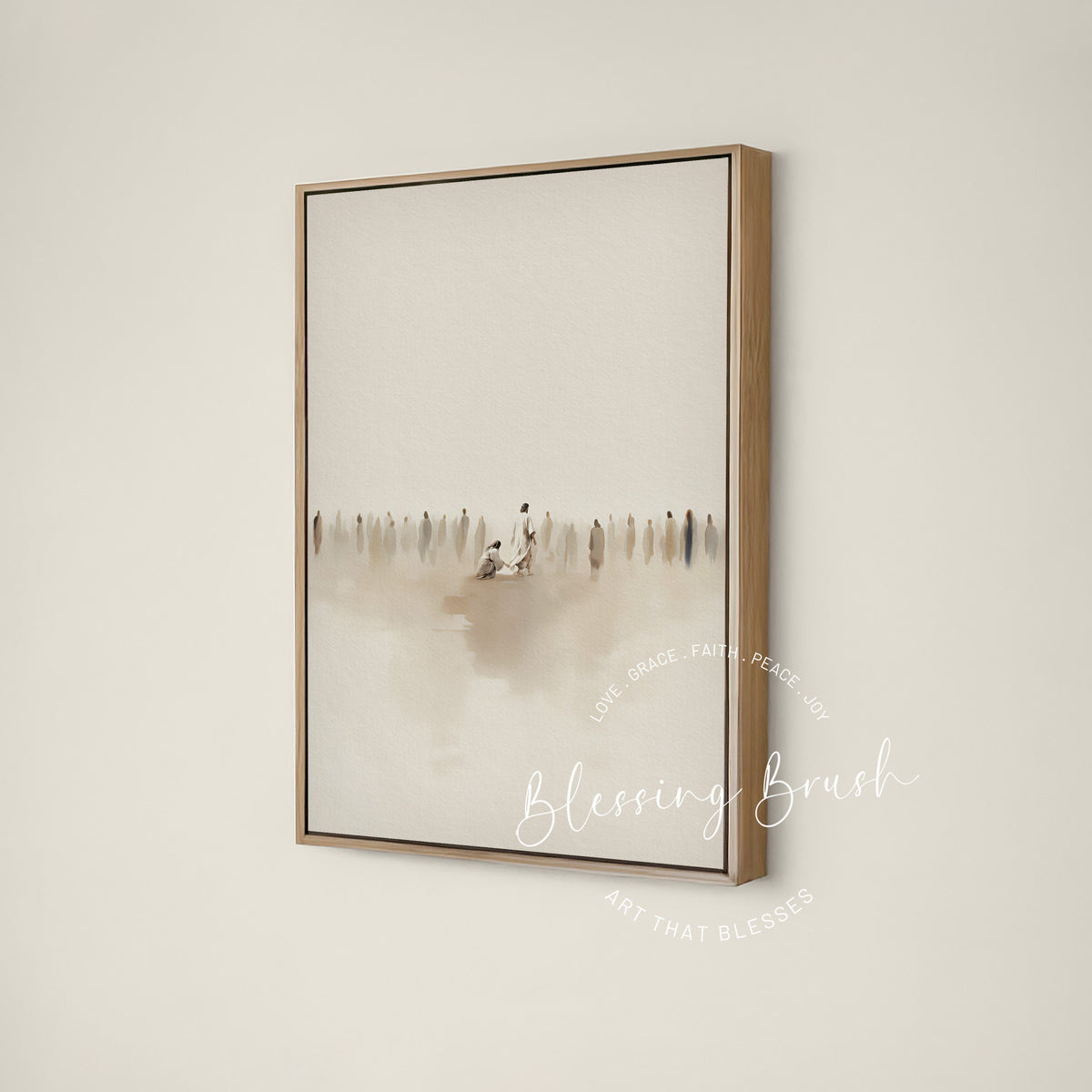 Woman touching the hem of Jesus garment among a crowd, beige neutral minimalist Christian framed canvas wall art by Blessing Brush