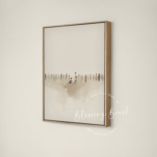 Woman touching the hem of Jesus garment among a crowd, beige neutral minimalist Christian framed canvas wall art by Blessing Brush