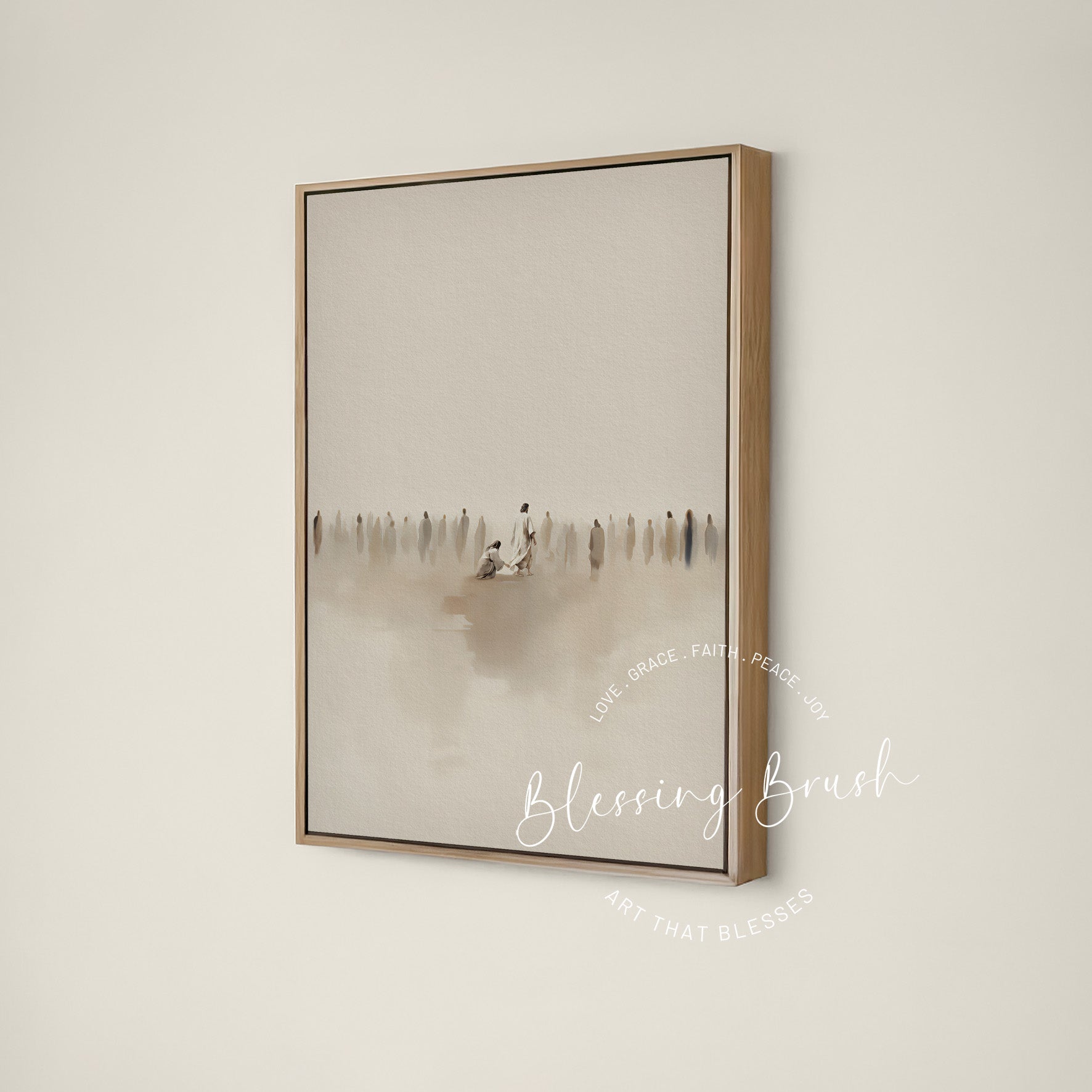 Woman touching the hem of Jesus’ garment among a crowd, neutral minimalist Christian framed canvas wall art by Blessing Brush