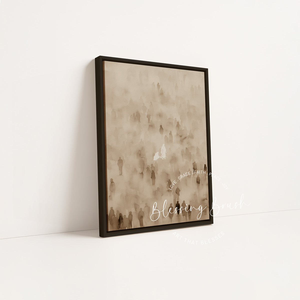Sleek black framed print of Jesus Christ healing the woman with issue of blood, modern Christian wall art for the home | Blessing Brush
