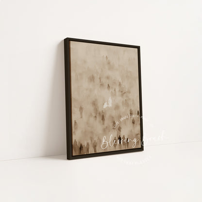 Sleek black framed print of Jesus Christ healing the woman with issue of blood, modern Christian wall art for the home | Blessing Brush