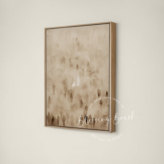 Faith-filled painting of Jesus healing the woman who touched the hem of His garment, museum-quality Christian wall art | Blessing Brush