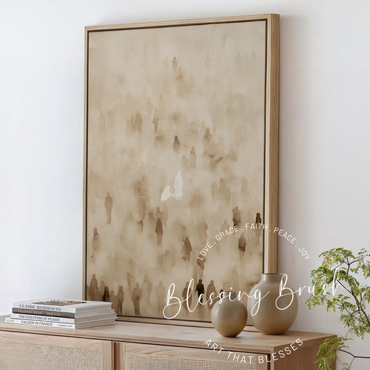 Watercolor painting of Jesus healing the woman with the issue of blood, surrounded by a soft crowd, Christian framed canvas wall art in neutral tones, Blessing Brush.