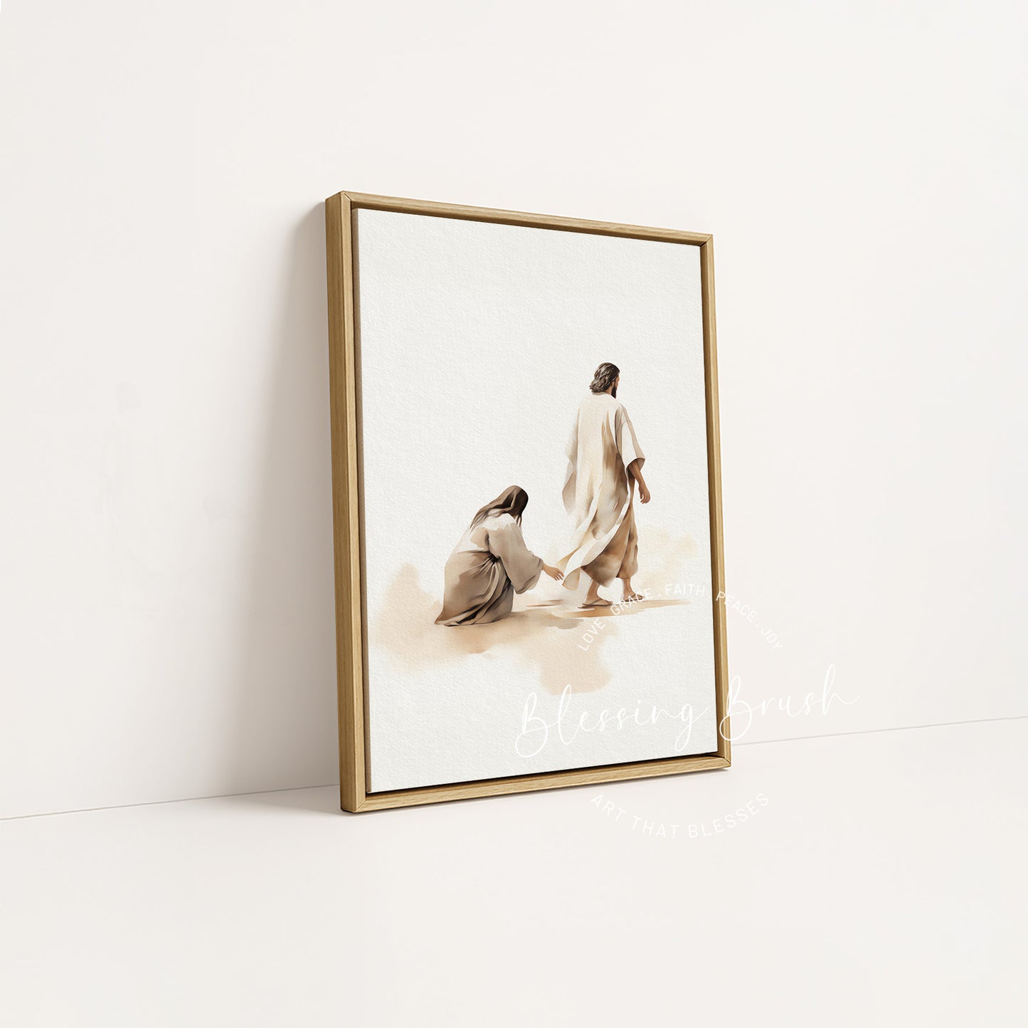 Jesus healing the woman with the issue of blood, Matthew 9 natural wood framed canvas by Blessing Brush