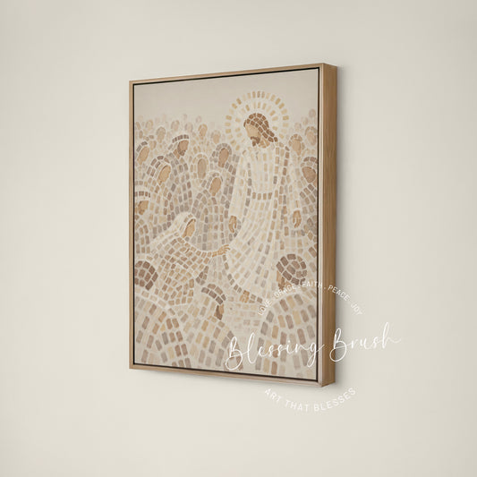 Jesus healing the woman who touched His garment, modern Christian wall art in warm beige and ivory tones by Blessing Brush.