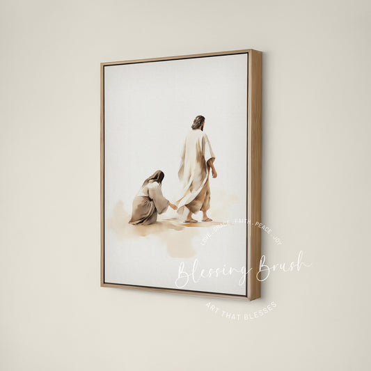 Minimalist Christian wall art of Jesus healing the bleeding woman who touched the hem of His garment, symbolizing faith, hope, and miraculous healing. Framed canvas by Blessing Brush