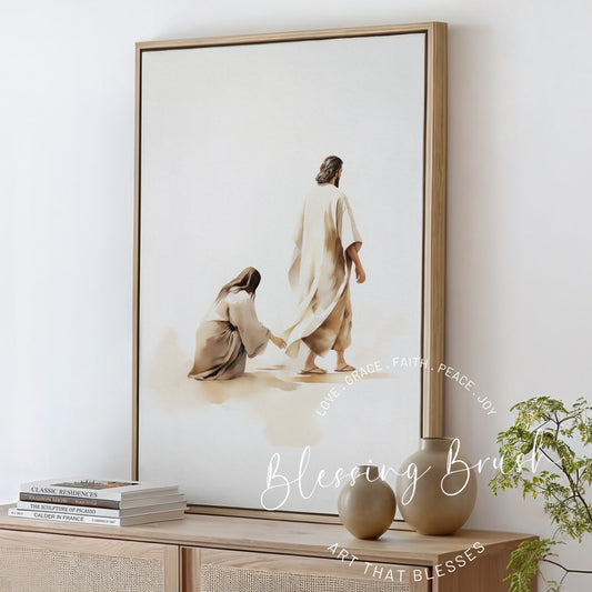 Watercolor painting of the woman touching the hem of Jesus' garment, inspired by Mark 5, framed Christian wall art with soft neutral tones, Blessing Brush.