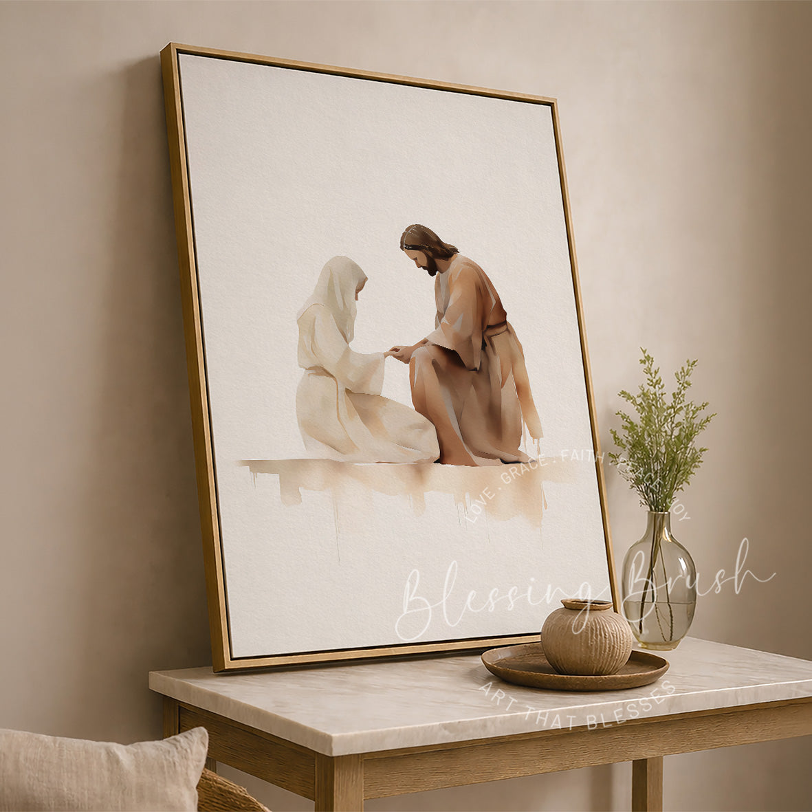 Museum quality Christian watercolor art of Jesus and woman of faith, He binds up their wounds scripture | Blessing Brush