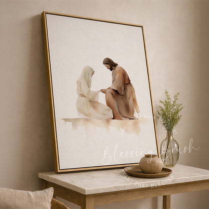 Museum quality Christian watercolor art of Jesus and woman of faith, He binds up their wounds scripture | Blessing Brush
