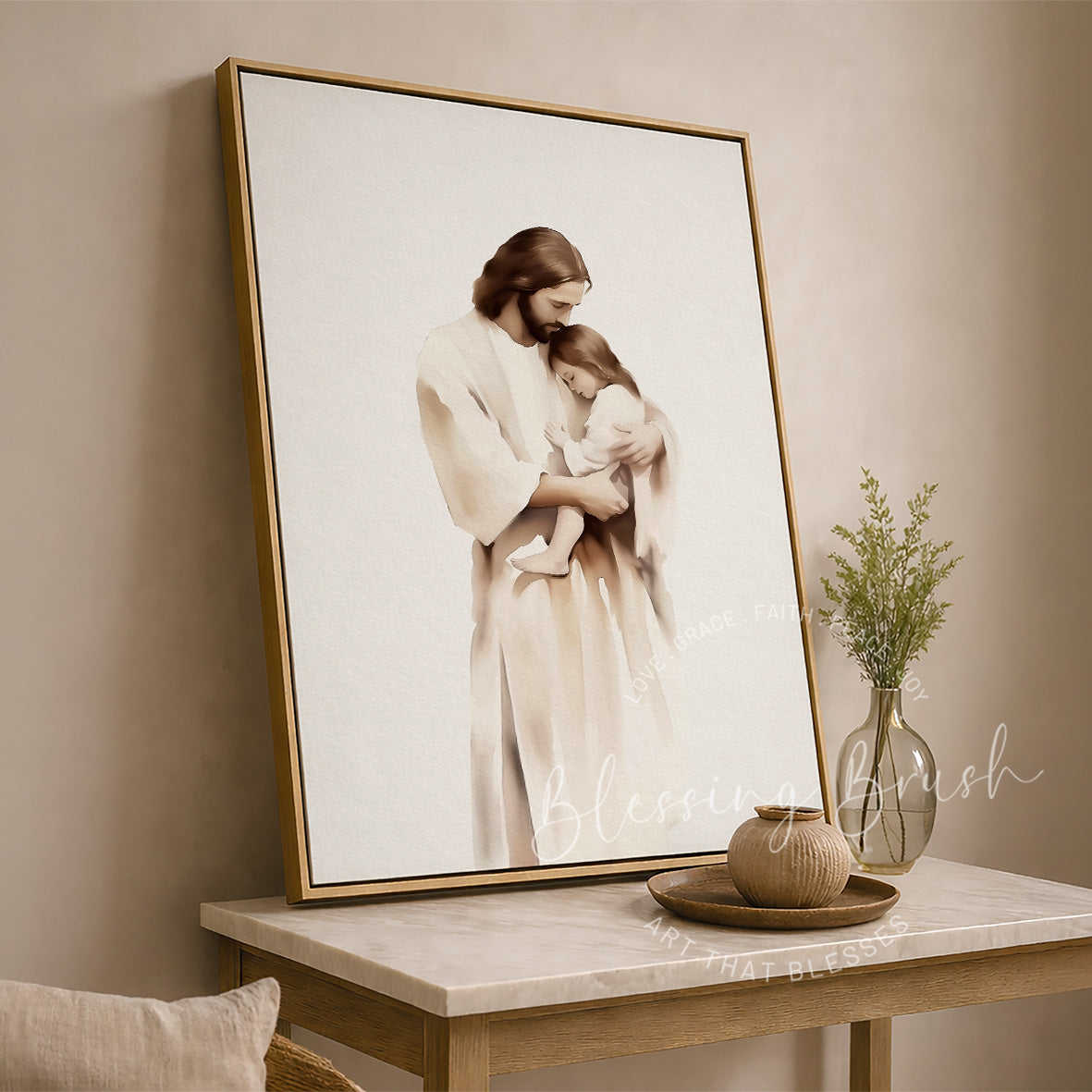 Jesus holding a little girl close in Held in His Love Christian wall art by Blessing Brush
