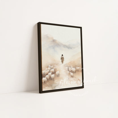 Luke 15 artwork of Jesus leaving the ninety nine in a black framed Christian canvas by Blessing Brush