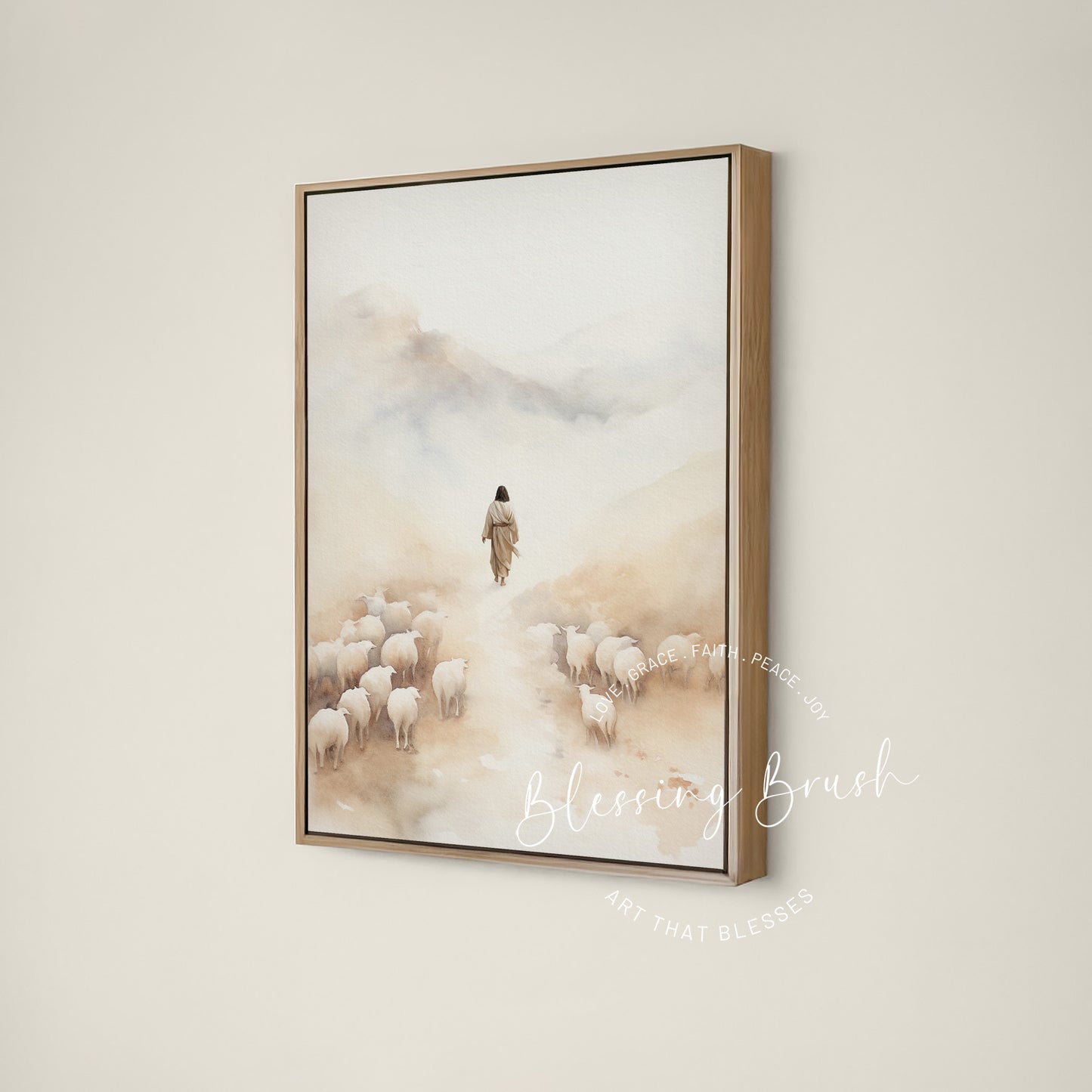 Jesus leaving the ninety nine sheep to find the one lost sheep, Christian wall art by Blessing Brush