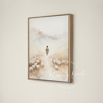 Jesus leaving the ninety nine sheep to find the one lost sheep, Christian wall art by Blessing Brush