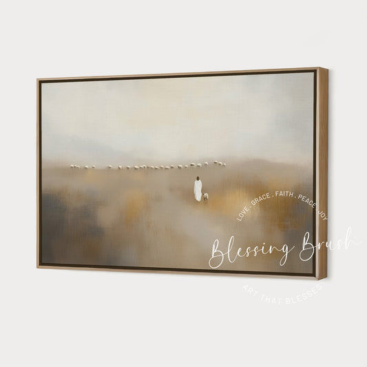 Minimalist Christian wall art of Jesus leaving the 99 to find and bring home the lost sheep. Abstract golden beige landscape, inspired by the Good Shepherd parable. Faith-inspired framed canvas for comfort and hope.