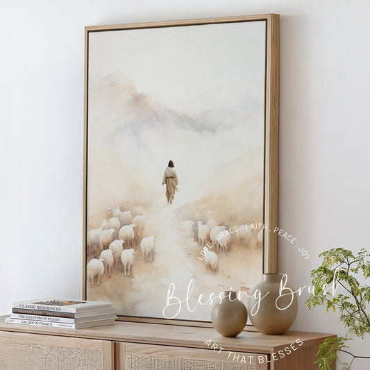Framed Christian watercolor painting of Jesus leaving a flock of sheep in the mountains to seek the lost, peaceful neutral-toned canvas wall art, Blessing Brush.